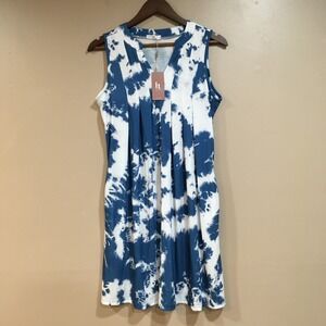 Tie Dye Sleeveless Pleated Mini Dress Womens S Blue White Boho Casual Beachy NEW